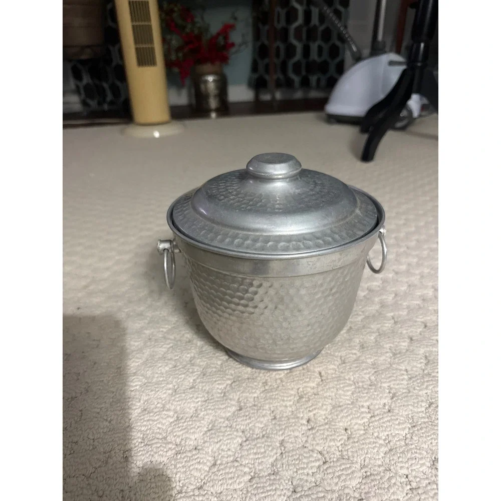 Vintage Hammered Aluminum Ice Bucket with Lid and Ring Handles Silver Barware